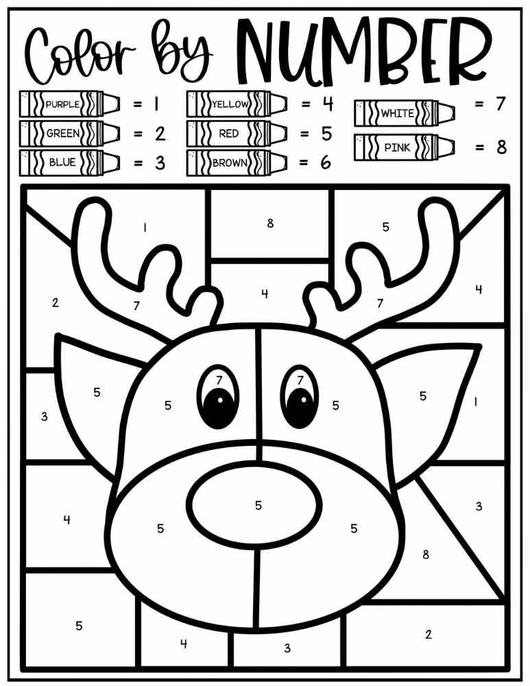 Reindeer color-by-number worksheet with numbered sections