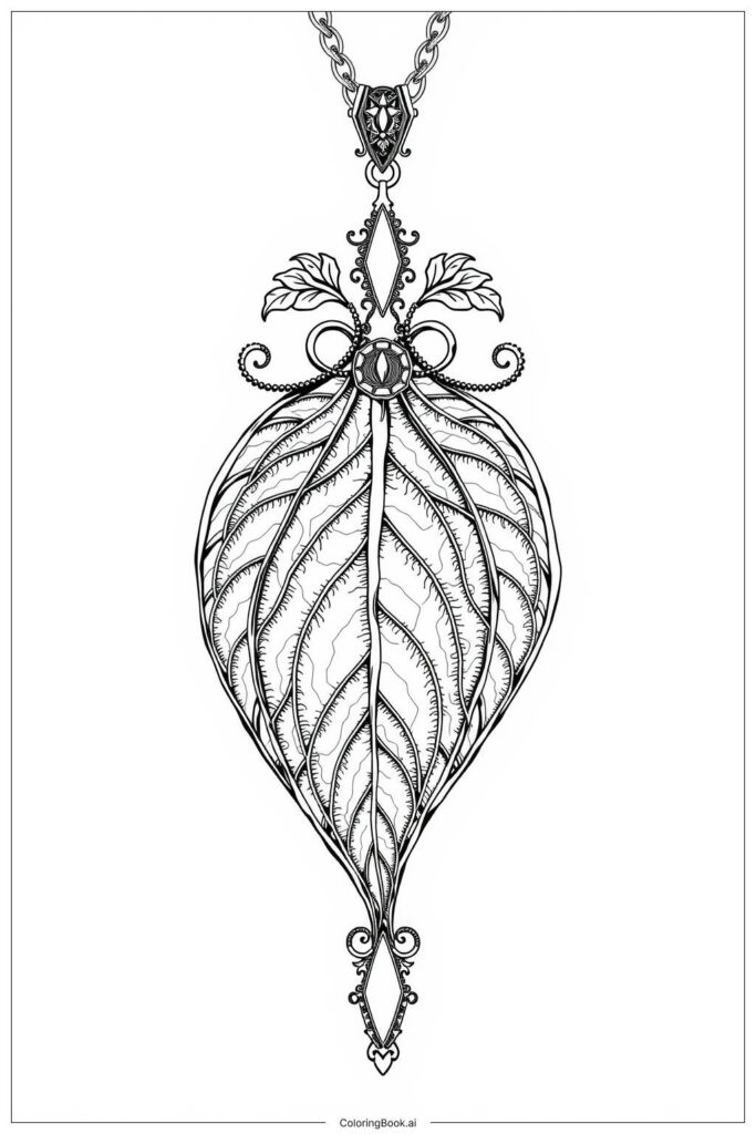 Ornate leaf-shaped pendant necklace illustration on white background