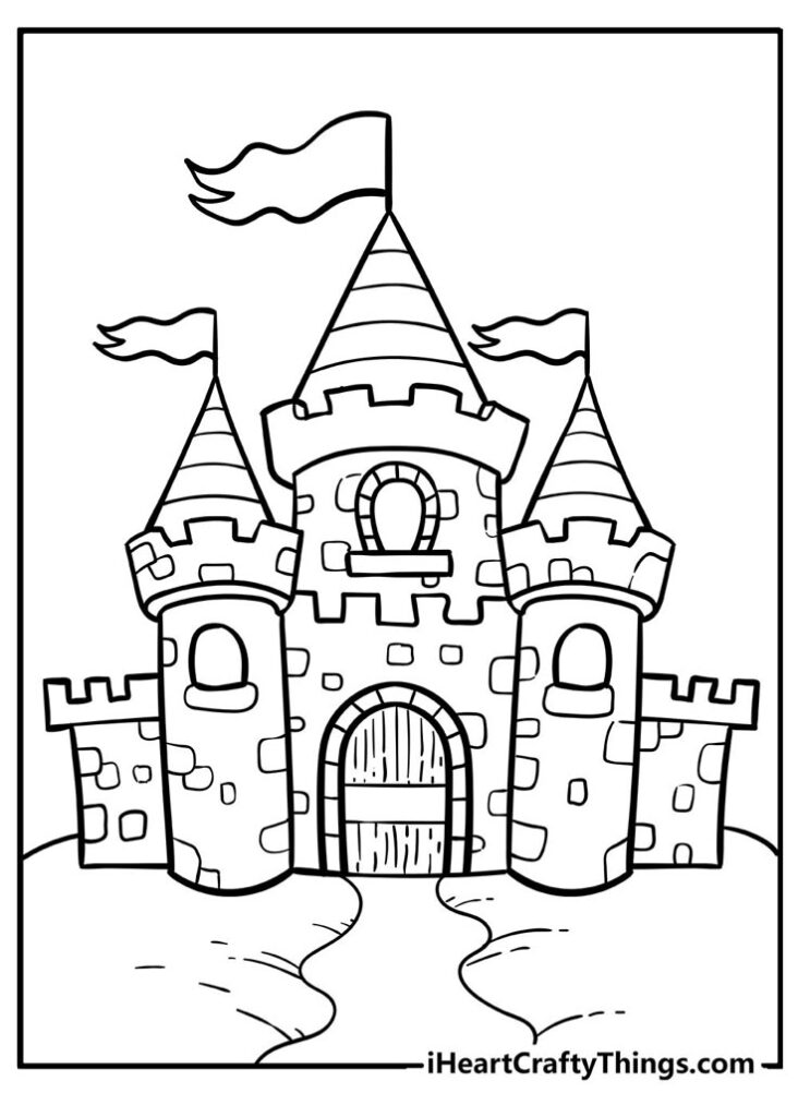 Black-and-white castle coloring page with three towers