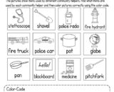Labor Day community helpers worksheet with labeled tool pictures