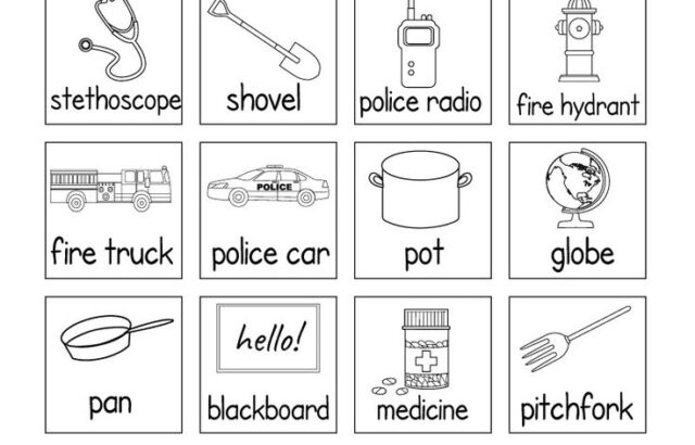 Labor Day community helpers worksheet with labeled tool pictures