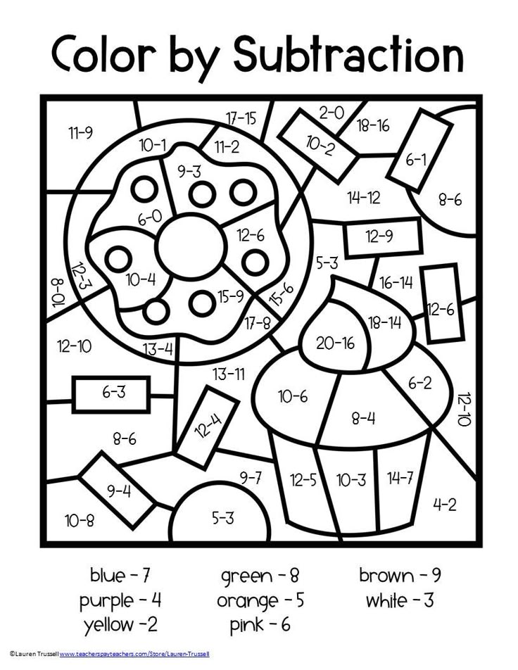 Color by subtraction worksheet with numbered shapes and key