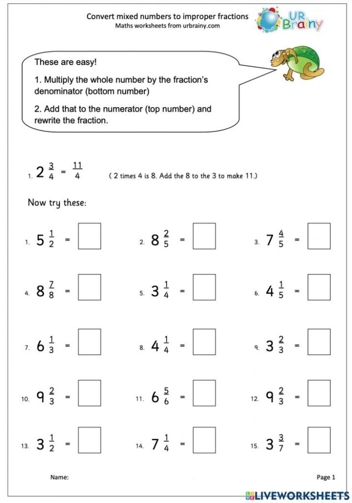 Mixed numbers worksheet with fraction conversion problems and boxes