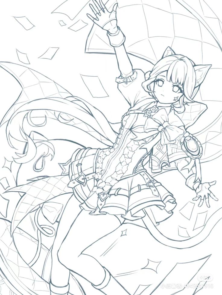 Line art of anime girl with cat ears and umbrella, floating papers