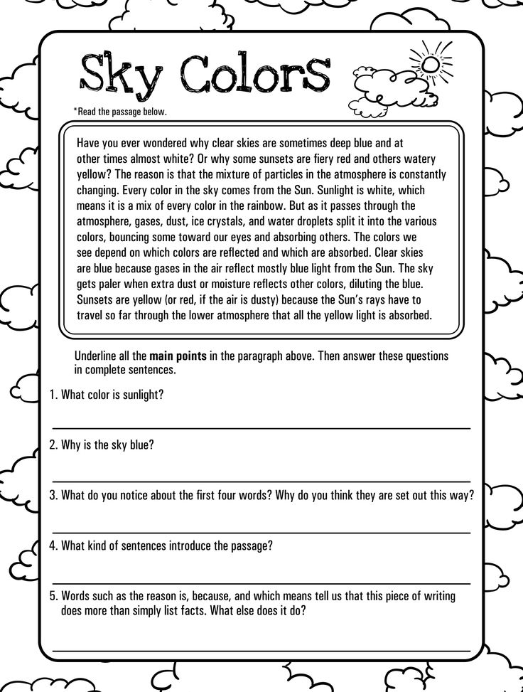 Sky Colors reading worksheet with questions and clouds border