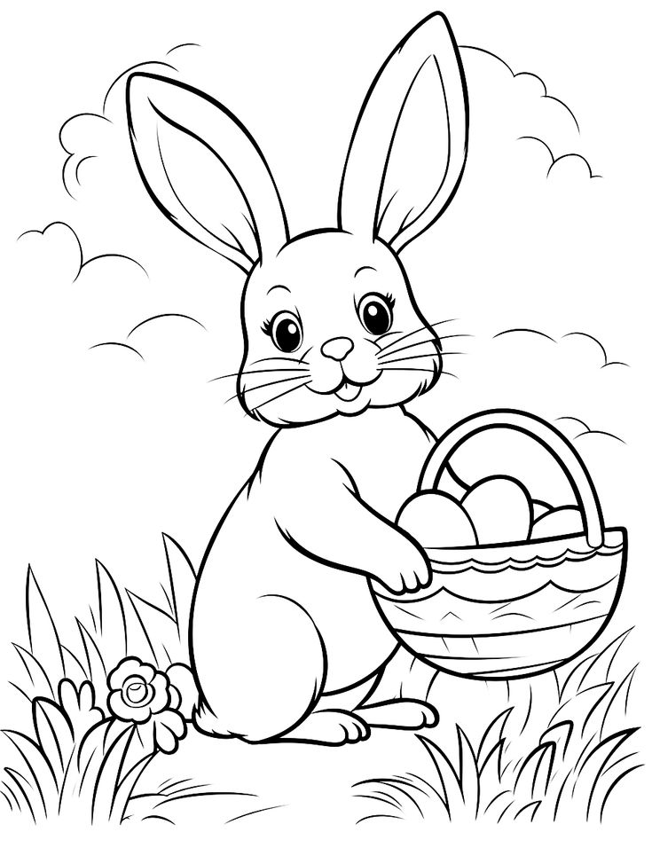 Cartoon rabbit holding basket of eggs in grass