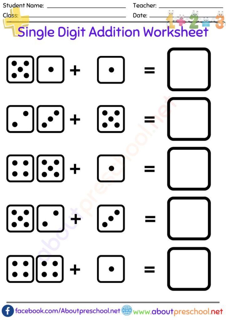 Single digit addition worksheet with dice and blanks