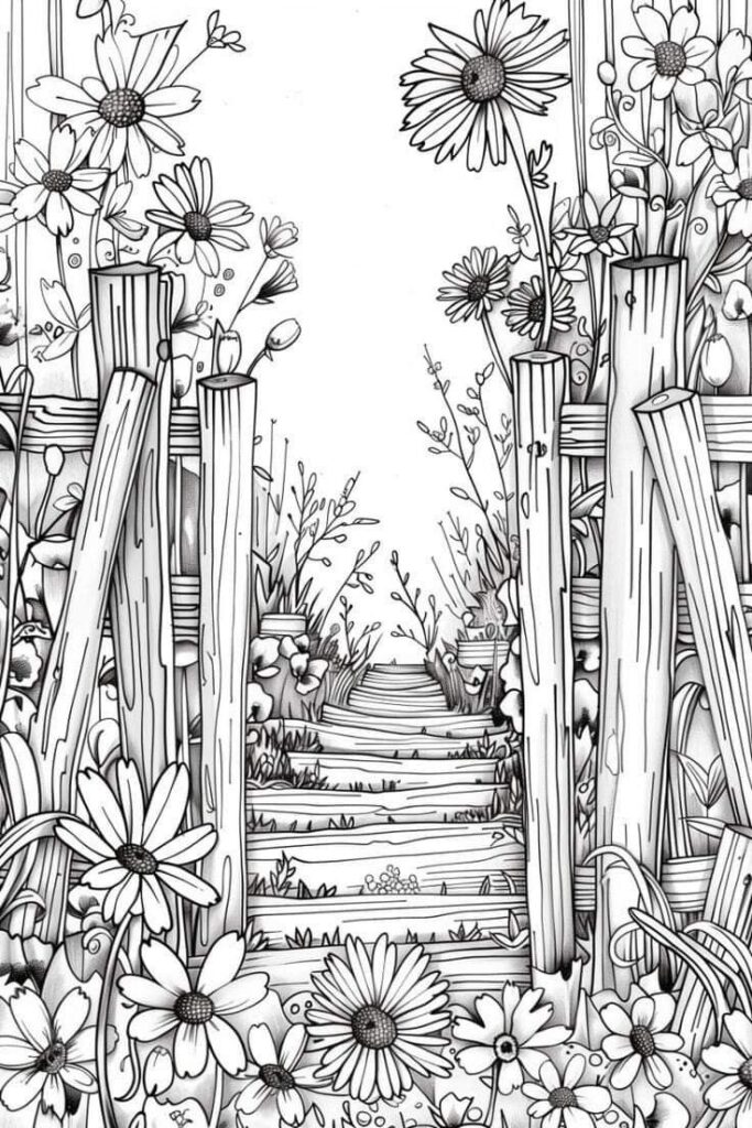 Black-and-white flower garden pathway with wooden fence