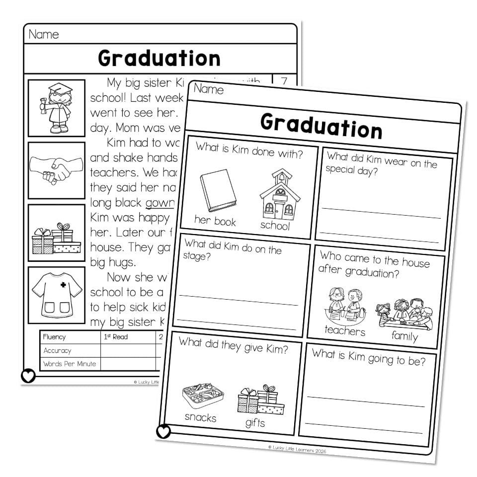Two overlapping graduation reading worksheets on white background