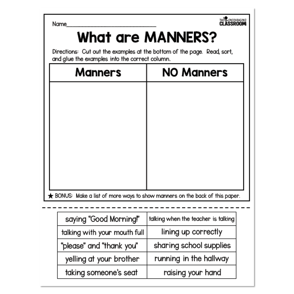Manners sorting worksheet with examples at bottom