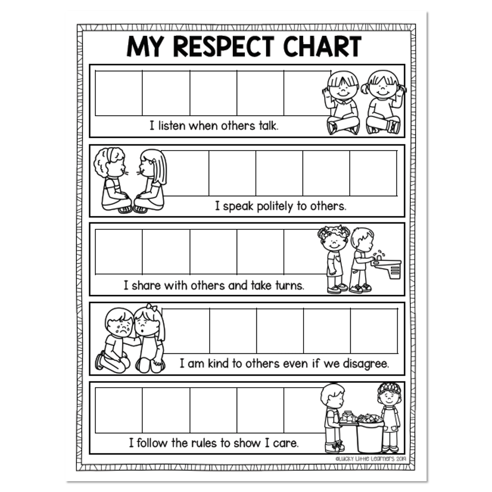 Black-and-white respect chart worksheet with five rows of children