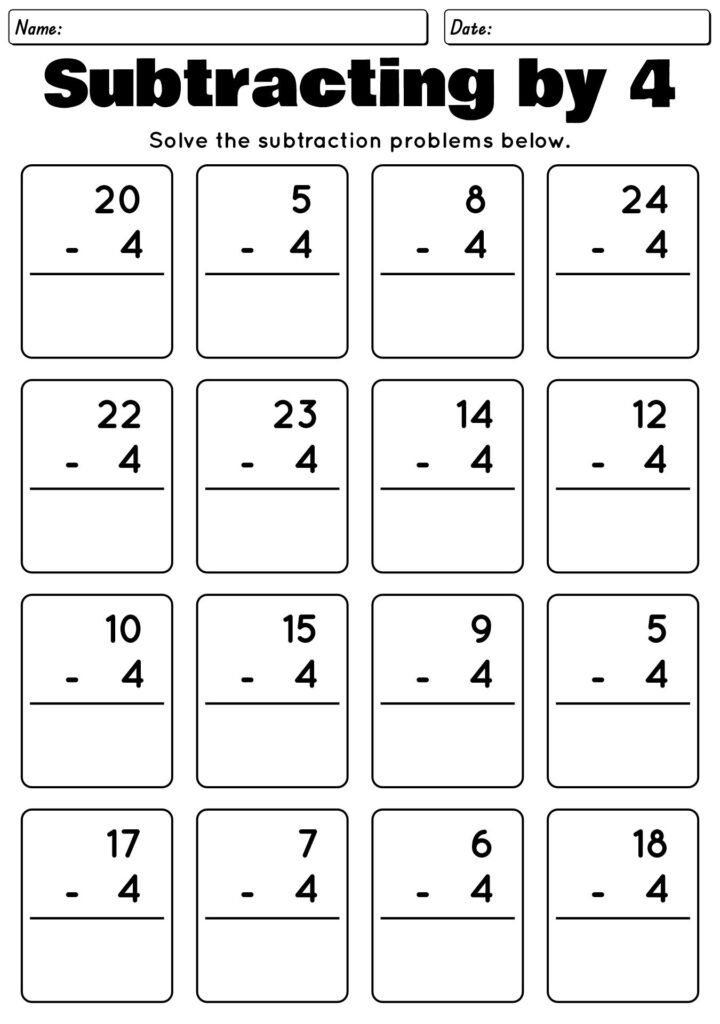 Subtraction worksheet with twelve problems subtracting four