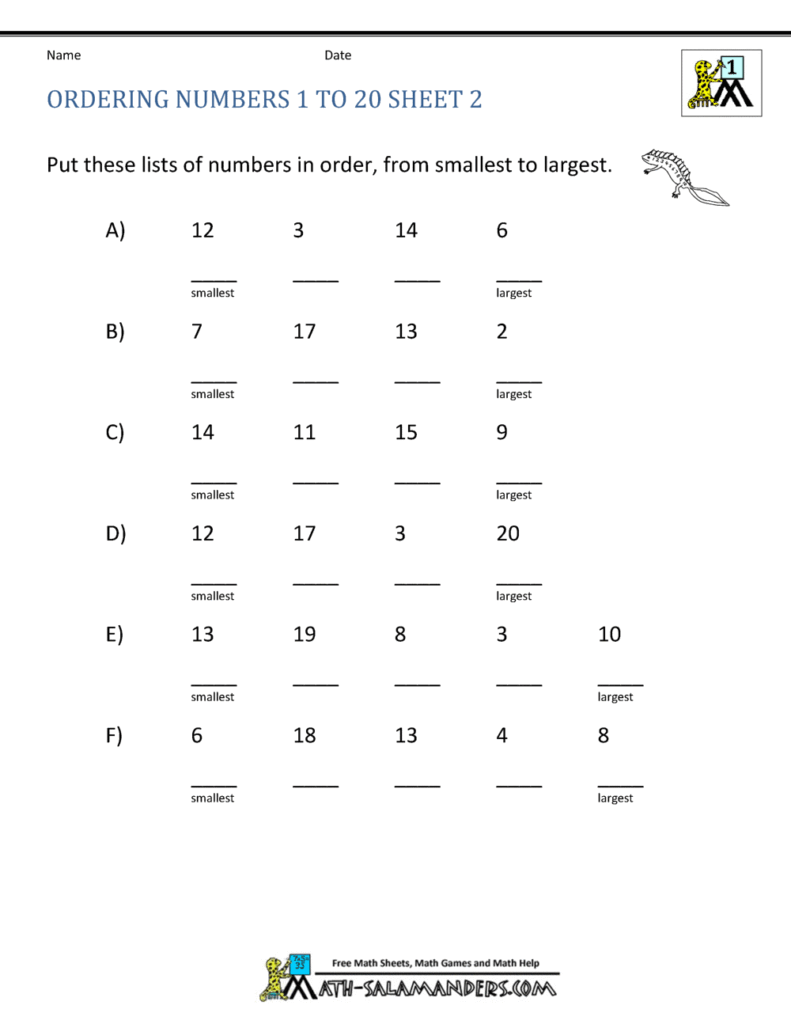 Math worksheet asking to order numbered lists smallest to largest
