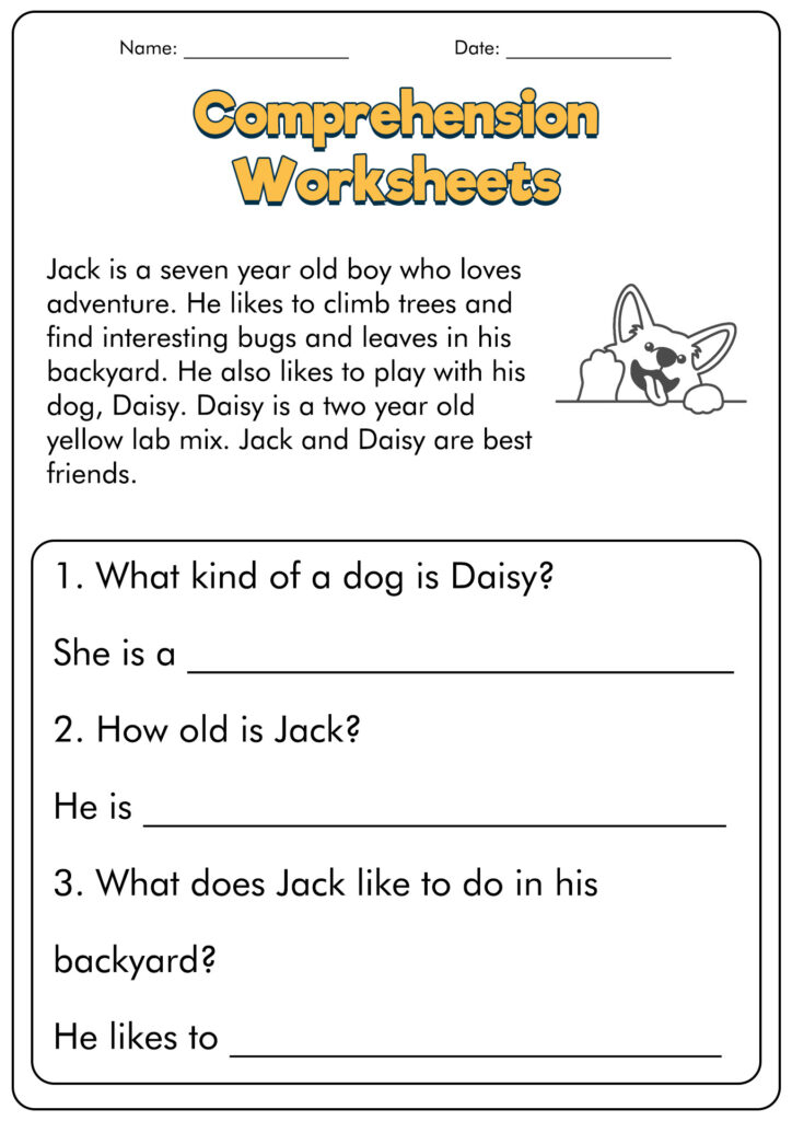 Reading comprehension worksheet with dog illustration and questions