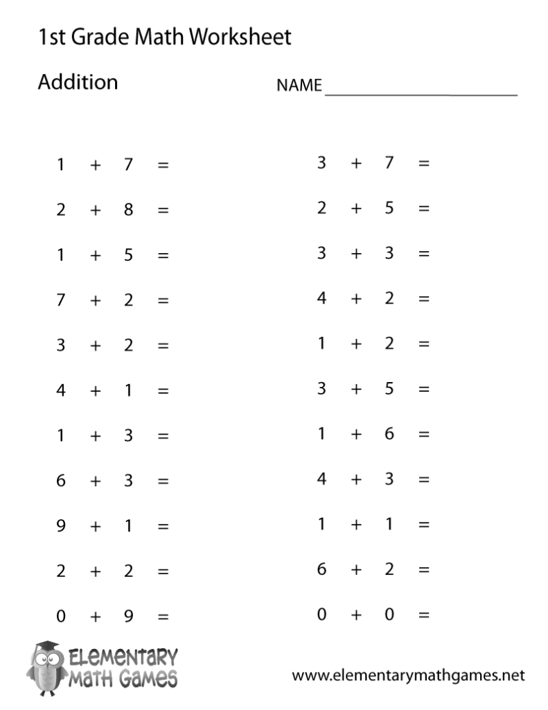 First grade addition worksheet with two columns and a NAME line.