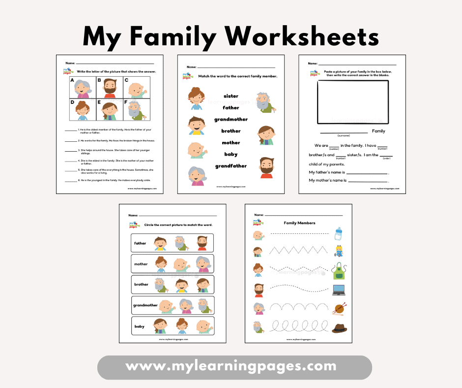 Five family worksheets arranged beneath a title
