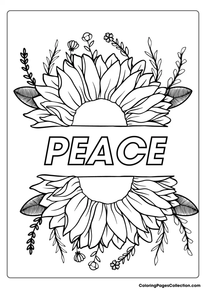 Floral peace-themed coloring page with large outlined text