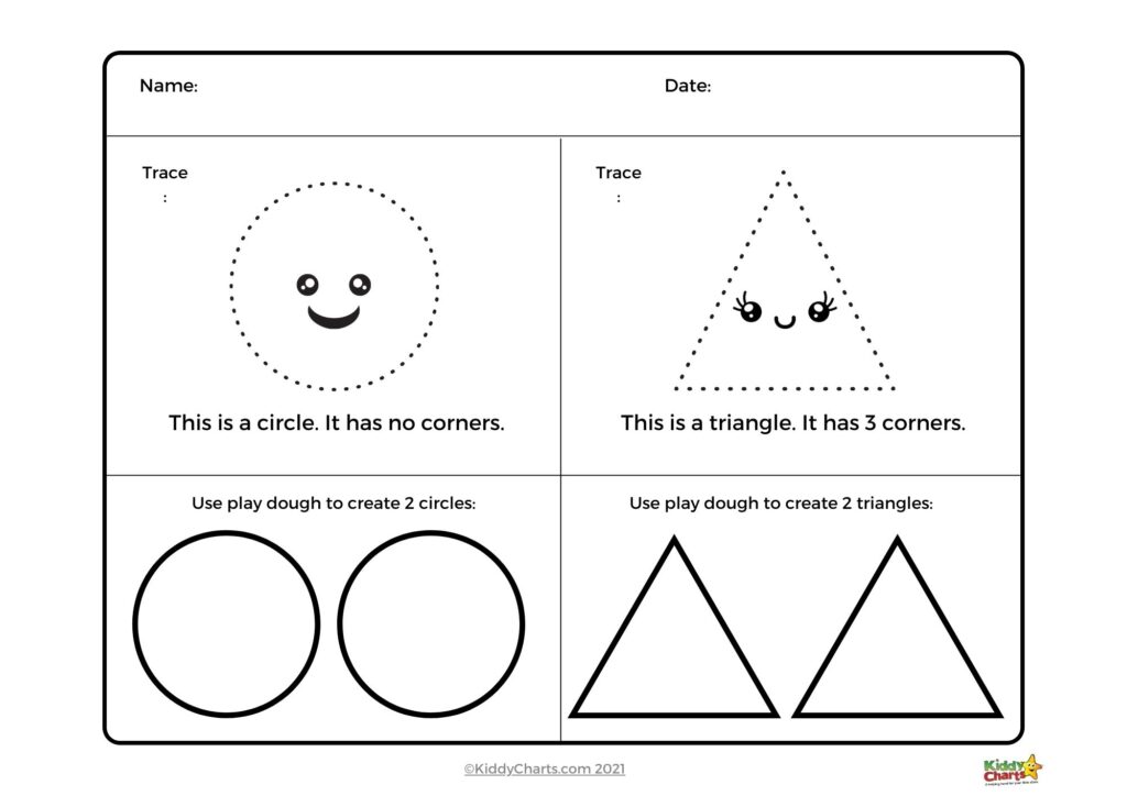Printable shapes worksheet with circles and triangles