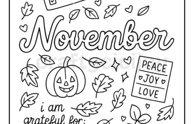November gratitude journal coloring page with pumpkins and leaves