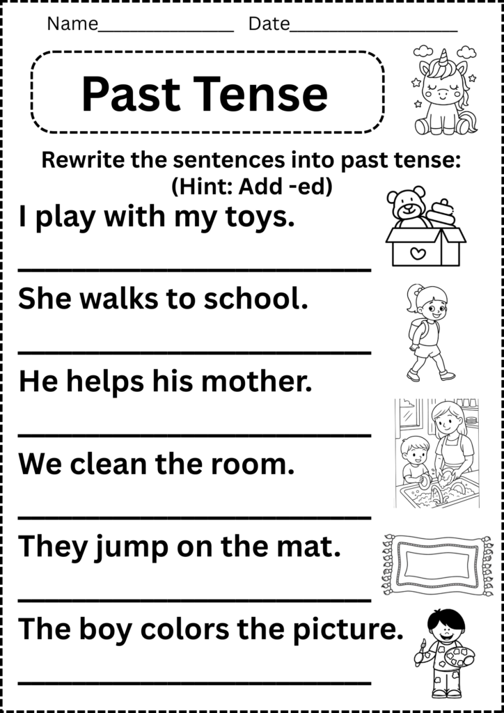 Past tense worksheet with sentences and cartoons