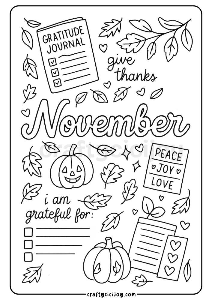 November gratitude journal coloring page with pumpkins and leaves