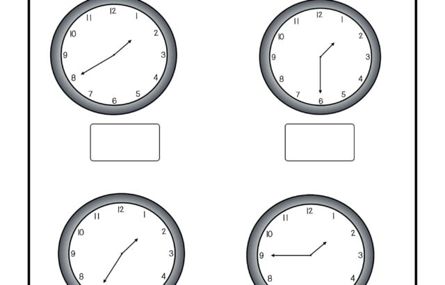 Clock worksheet with four analog clocks and blank answer boxes
