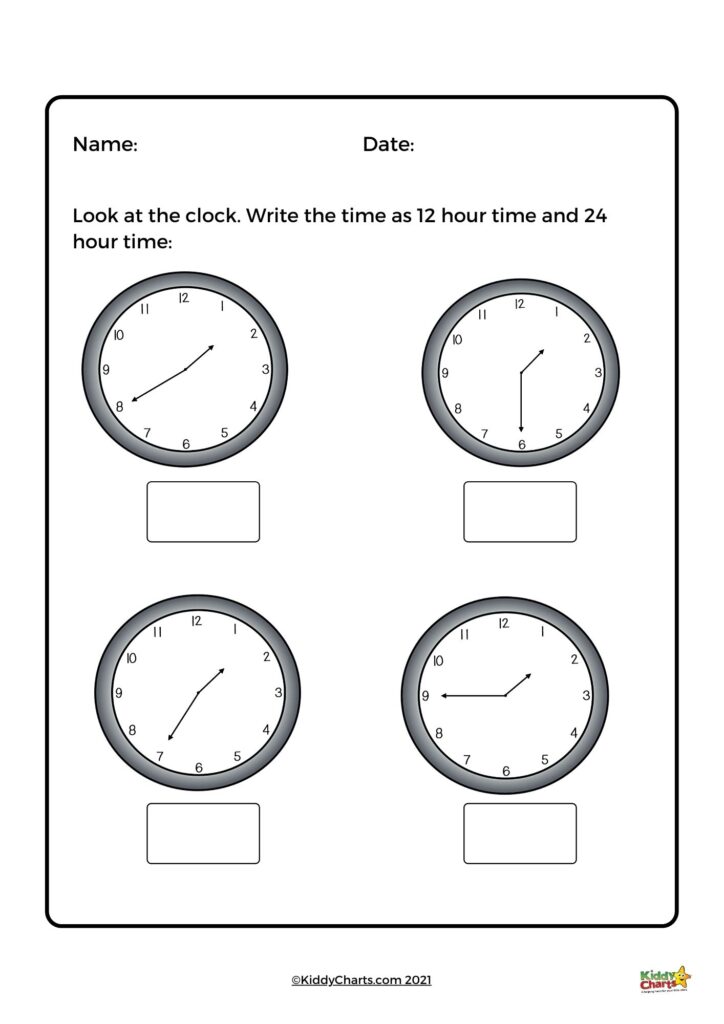 Clock worksheet with four analog clocks and blank answer boxes