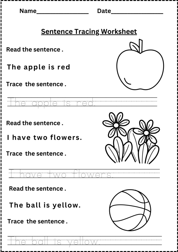 Sentence tracing worksheet with apple, flowers, and ball illustrations