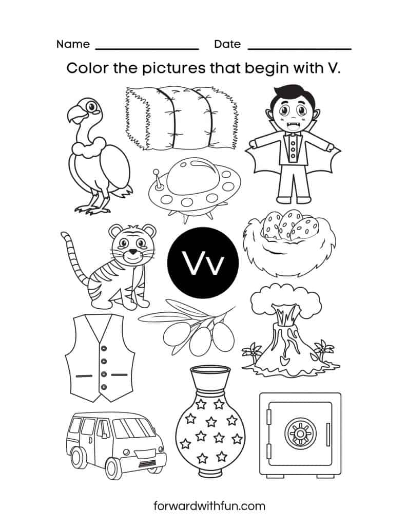 Phonics worksheet with V pictures to color