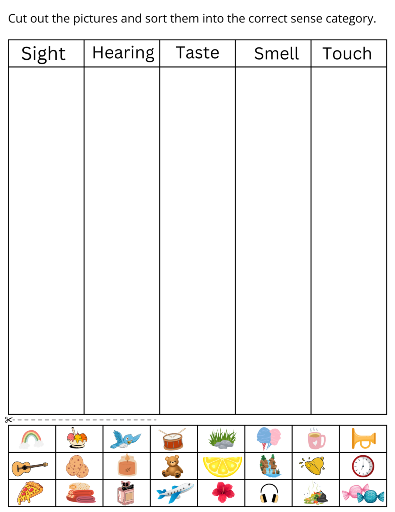 Five senses sorting worksheet with picture icons below grid
