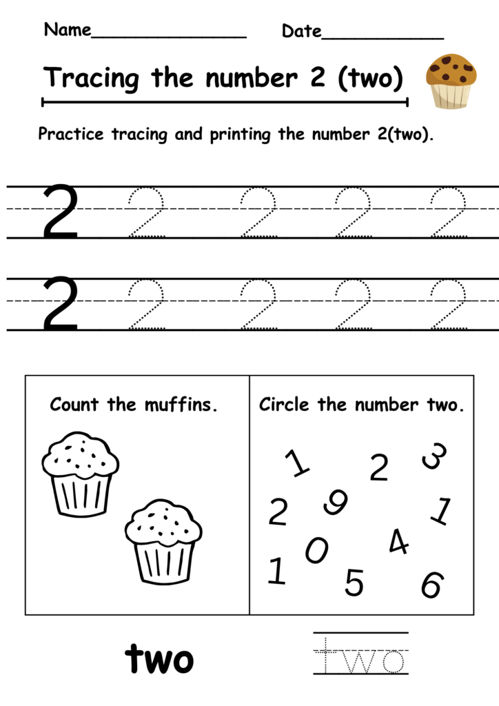 Number two tracing worksheet with muffins and digits