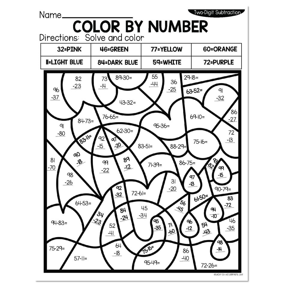 Two-digit subtraction color-by-number worksheet with numbers and shapes