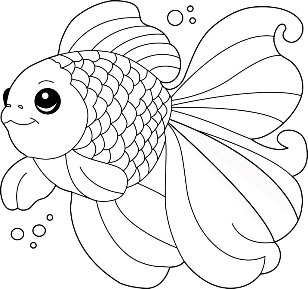 Cartoon fish with flowing fins and bubbles on white background