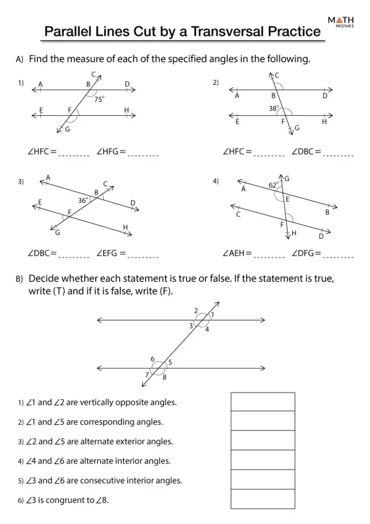 Parallel lines transversal angle worksheet with diagrams and questions