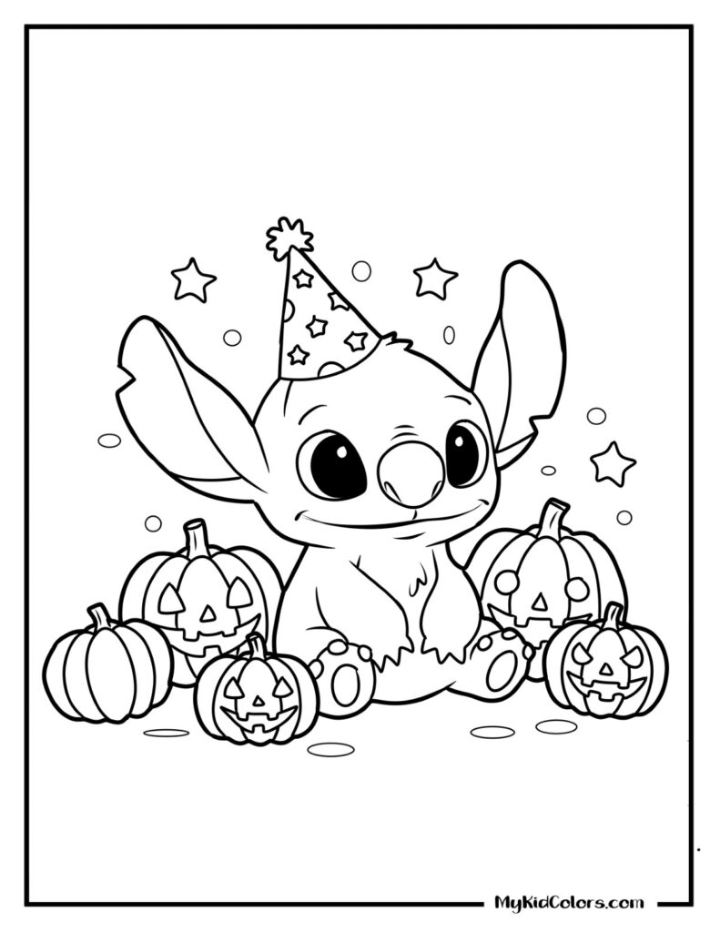 Stitch in party hat among Halloween pumpkins