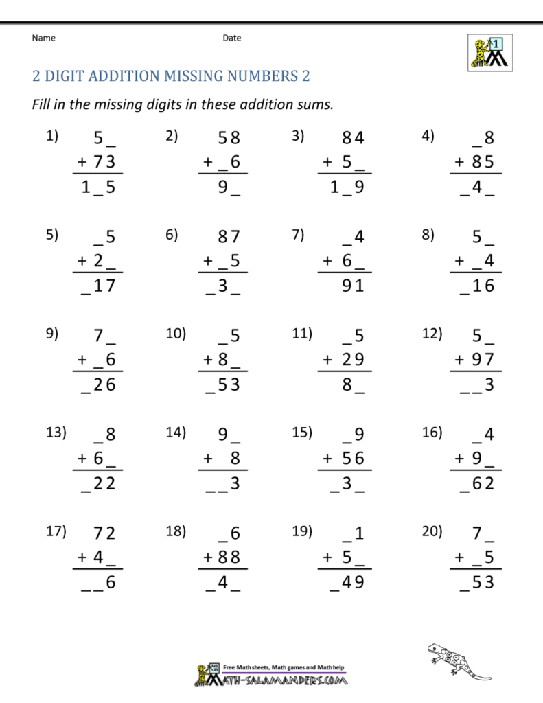 Two-digit addition worksheet with missing numbers