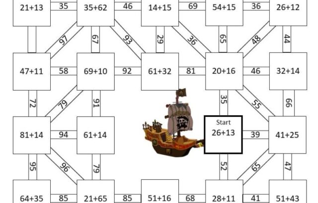 Pirate-themed addition maze worksheet with treasure chest illustration