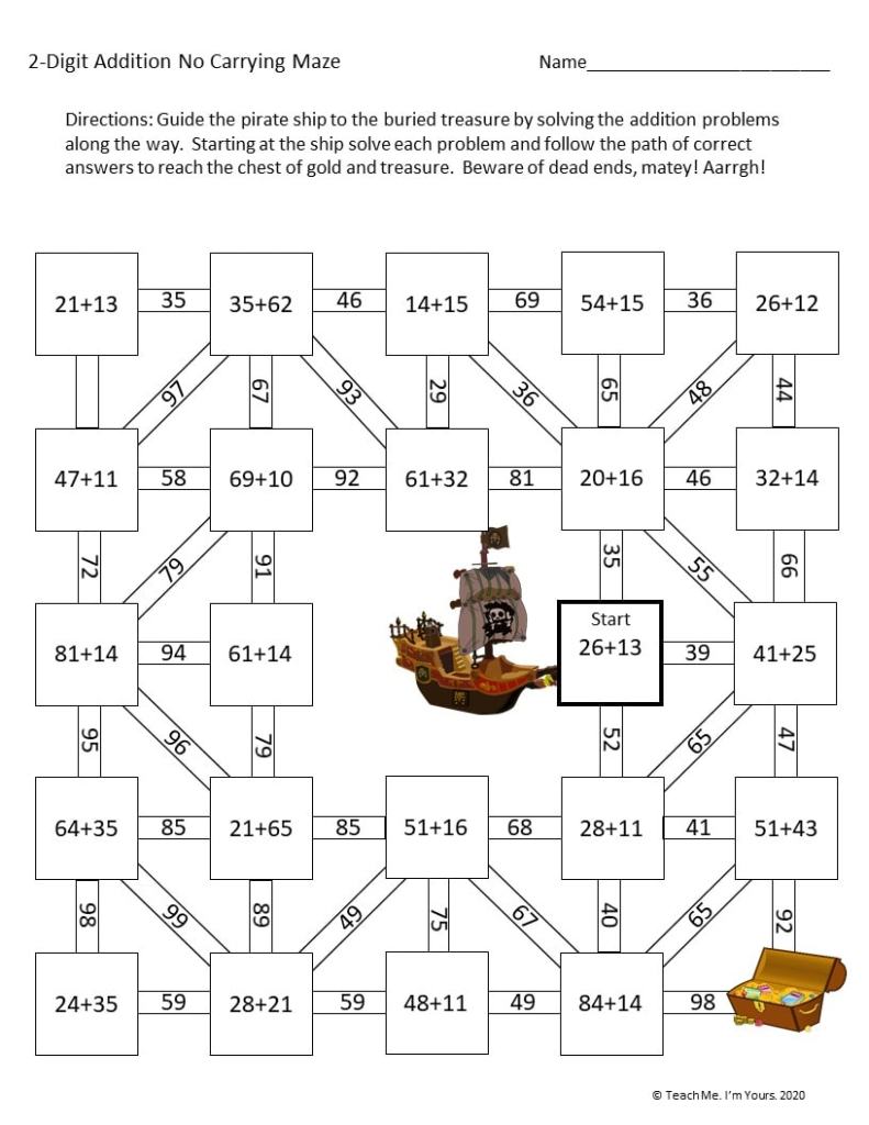 Pirate-themed addition maze worksheet with treasure chest illustration