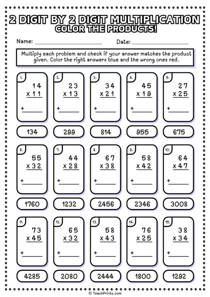 Two-digit multiplication worksheet with numbered problems and answers