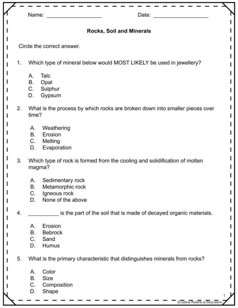 Rocks, soil, and minerals worksheet page with multiple-choice questions
