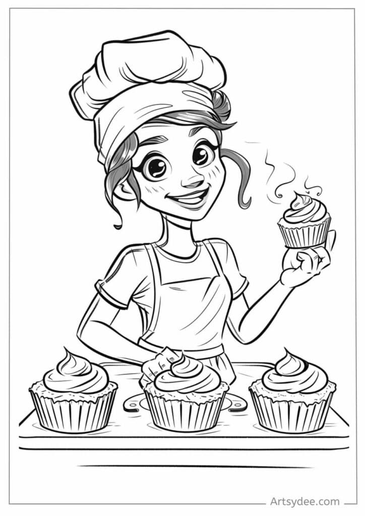 Cartoon baker woman holding steaming cupcake, three cupcakes below