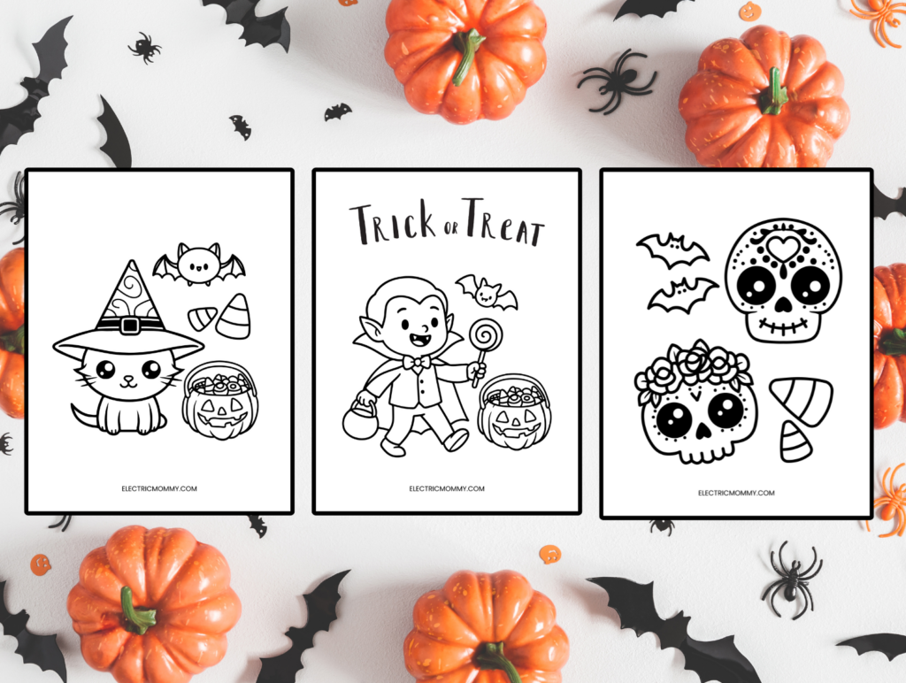 Halloween coloring pages with pumpkins, bats, and skulls