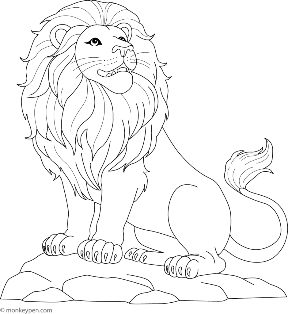 Black-and-white line drawing of a sitting lion on rocks