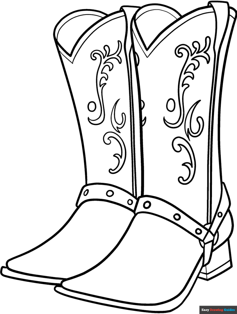 Line drawing of two decorative cowboy boots on white background
