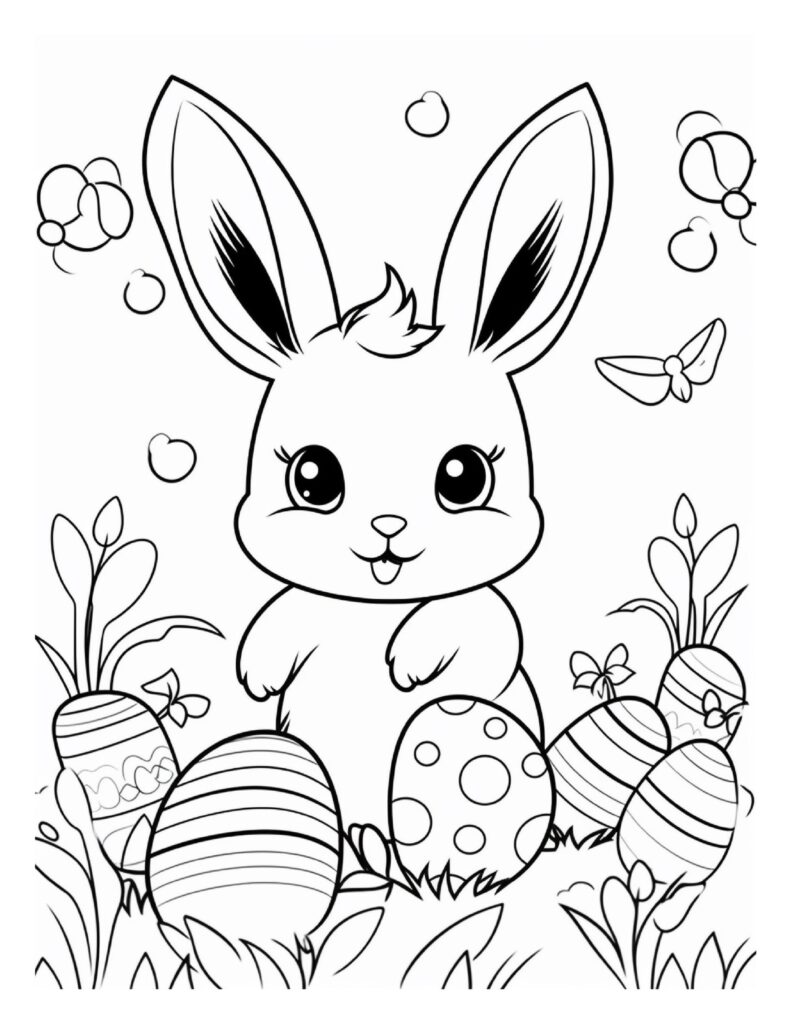 Cute bunny among decorated Easter eggs