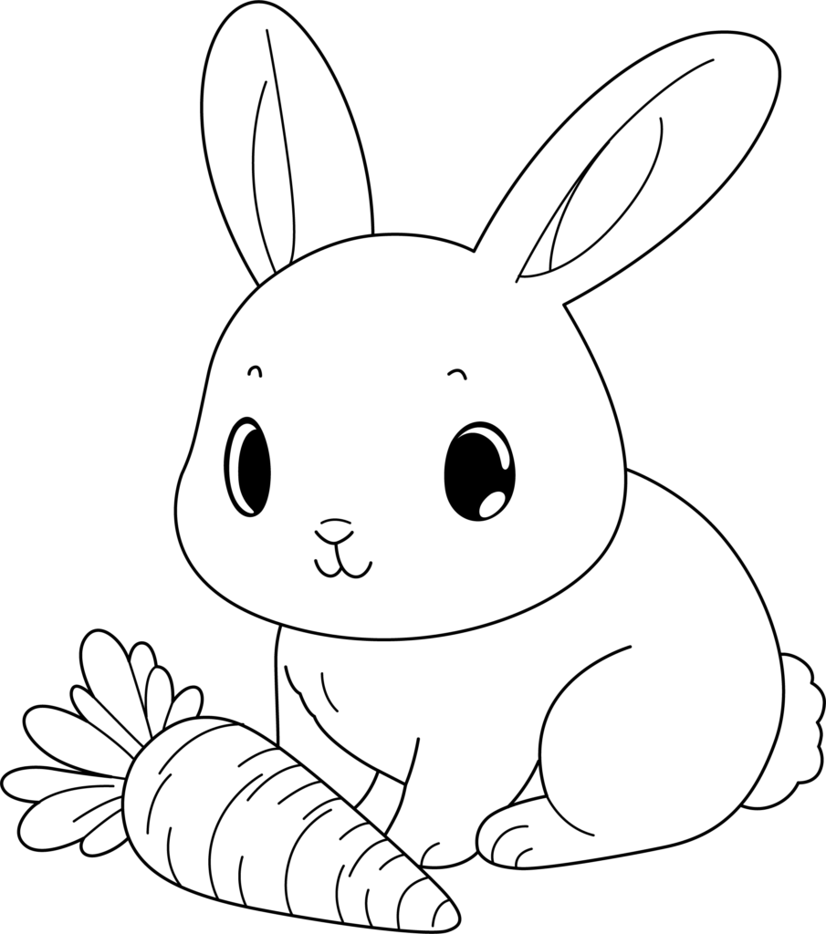 Cute white cartoon bunny holding a carrot on black background