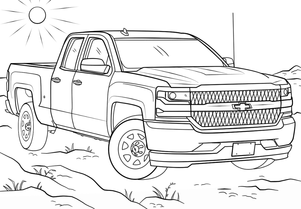 Line drawing of pickup truck on rocky ground
