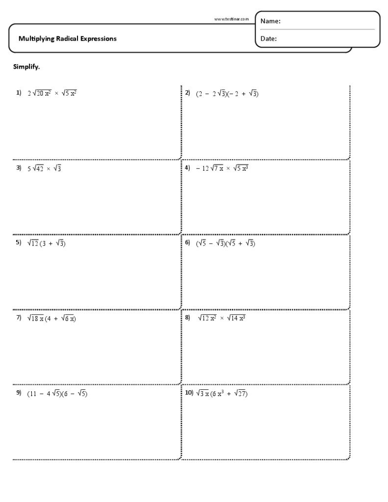 Math worksheet titled Multiplying Radical Expressions