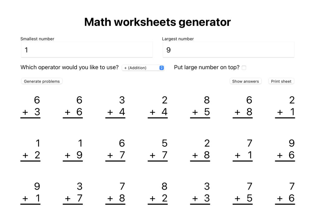Math worksheets generator webpage with addition problems