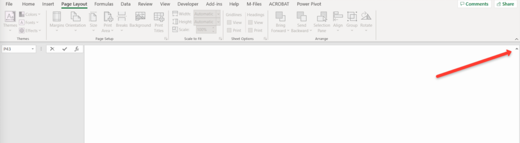 Excel window with Page Layout ribbon and red arrow